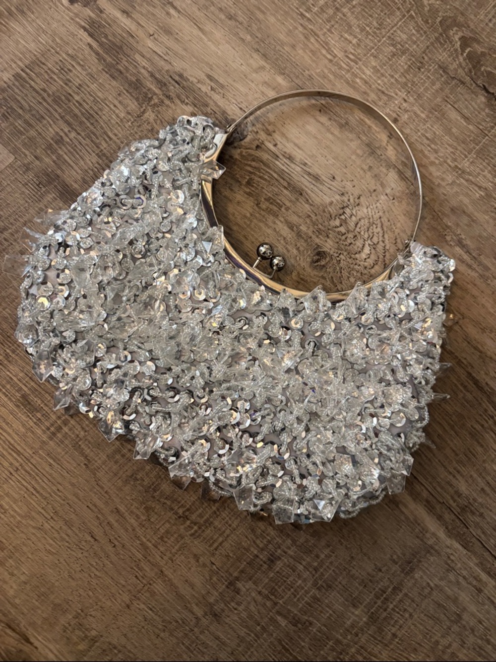 Silver Sequin and Beaded Evening Bag with Metal Handle